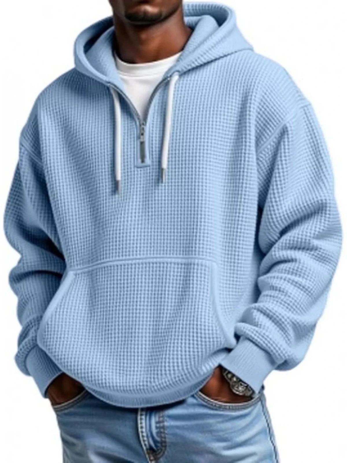 Men’s Waffle Knit Quarter Zip Hoodie – Relaxed Fit Pullover | CozyFits in Light Blue