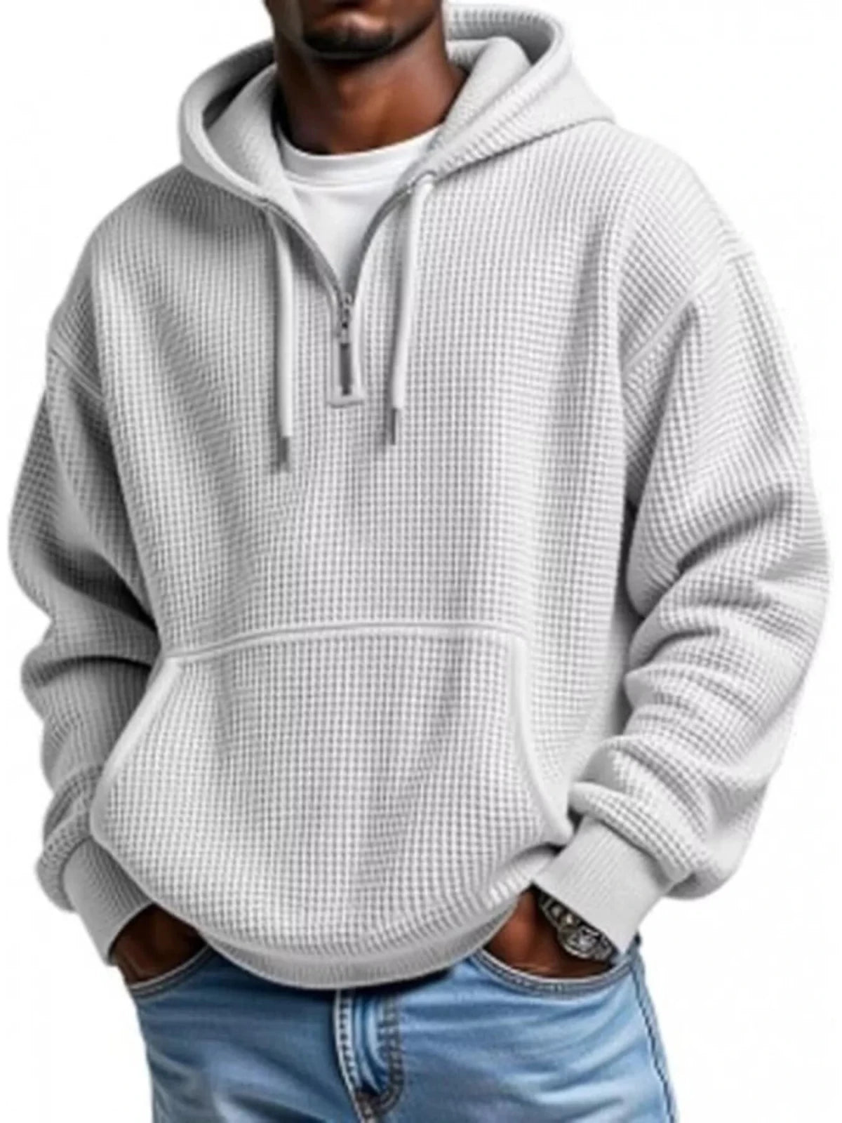 Men’s Waffle Knit Quarter Zip Hoodie – Relaxed Fit Pullover | CozyFits in Light Gray