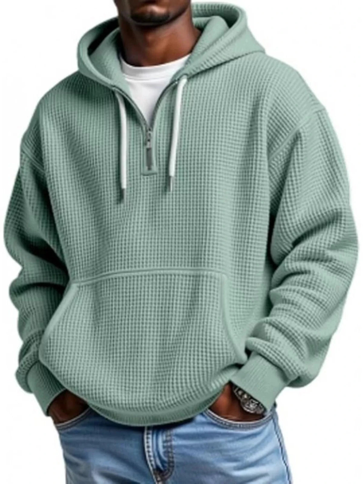 Men’s Waffle Knit Quarter Zip Hoodie – Relaxed Fit Pullover | CozyFits in Matcha Green