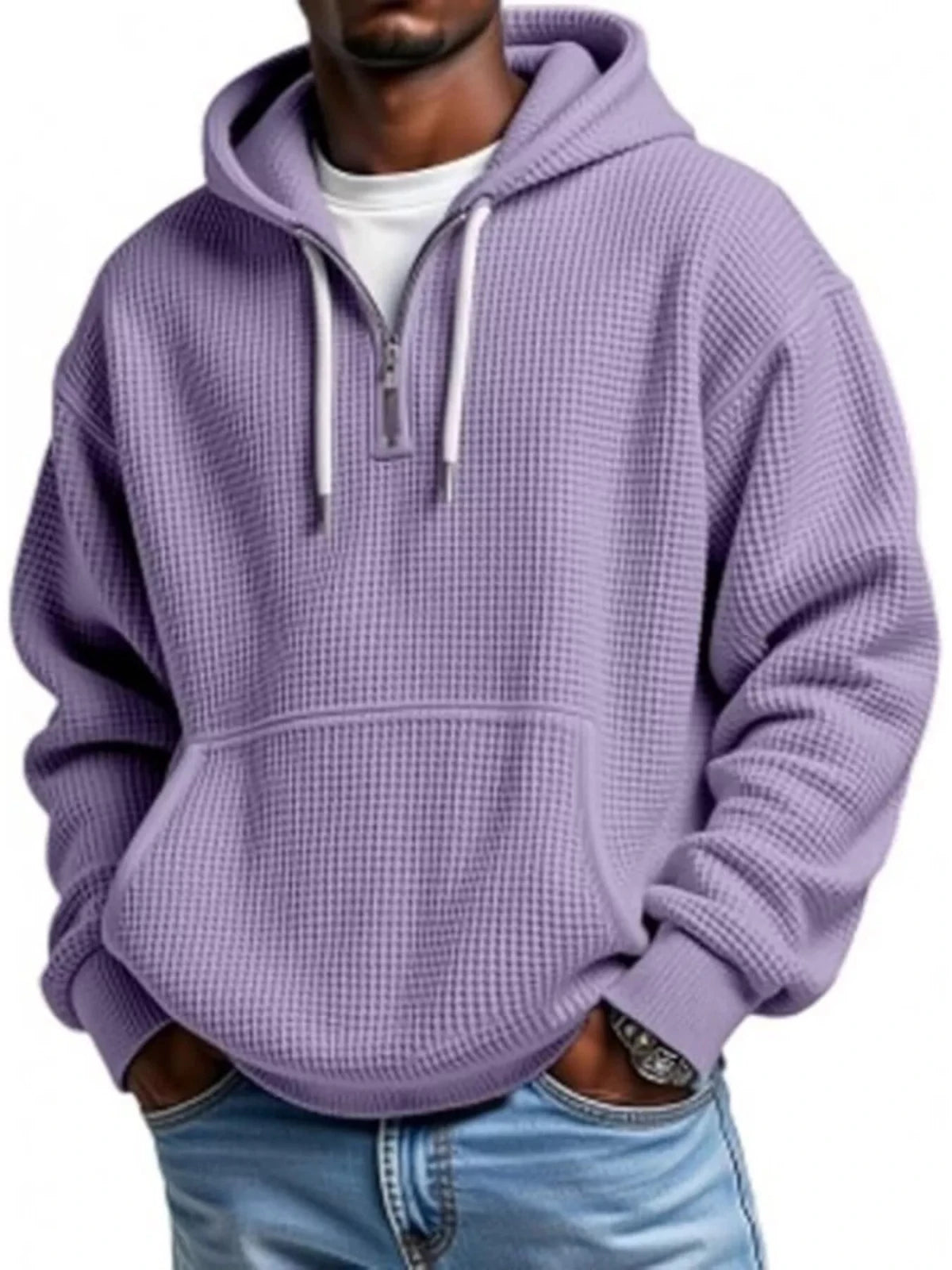 Men’s Waffle Knit Quarter Zip Hoodie – Relaxed Fit Pullover | CozyFits in Mauve
