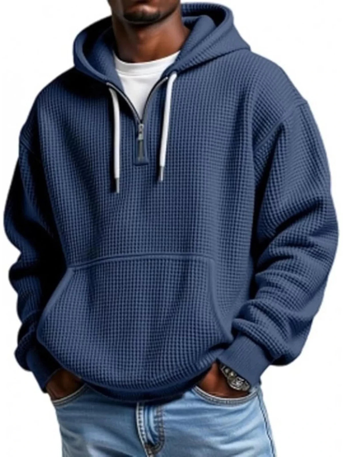 Men’s Waffle Knit Quarter Zip Hoodie – Relaxed Fit Pullover | CozyFits in Navy