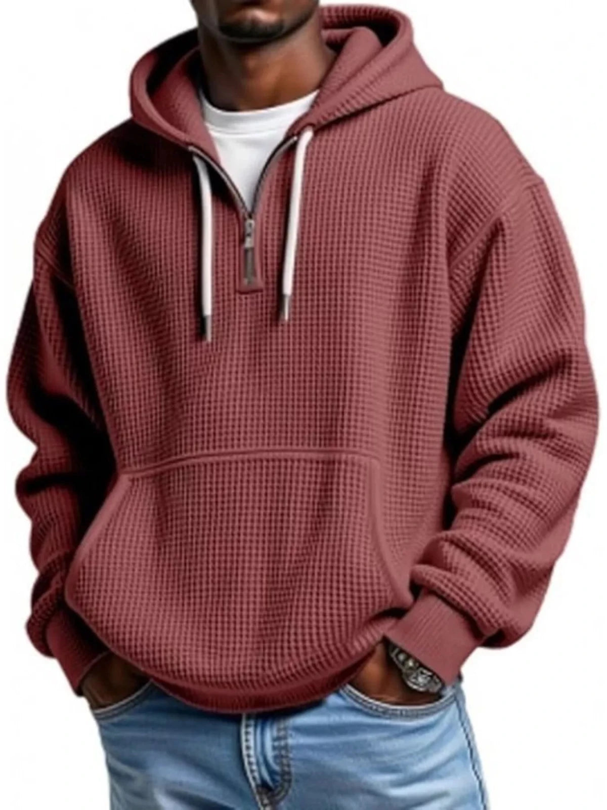 Men’s Waffle Knit Quarter Zip Hoodie – Relaxed Fit Pullover | CozyFits in Rust