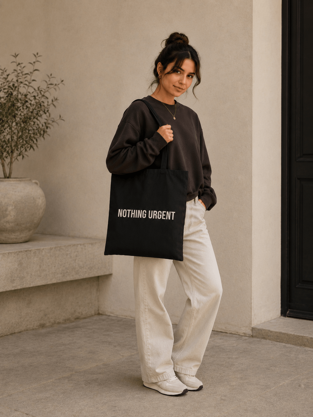 Nothing Urgent Tote Bag | Aesthetic Black Canvas Tote | Minimalist Graphic Bag for Women & Men in Black