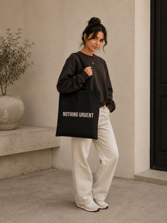 Nothing Urgent Tote Bag | Aesthetic Black Canvas Tote | Minimalist Graphic Bag for Women & Men in Black