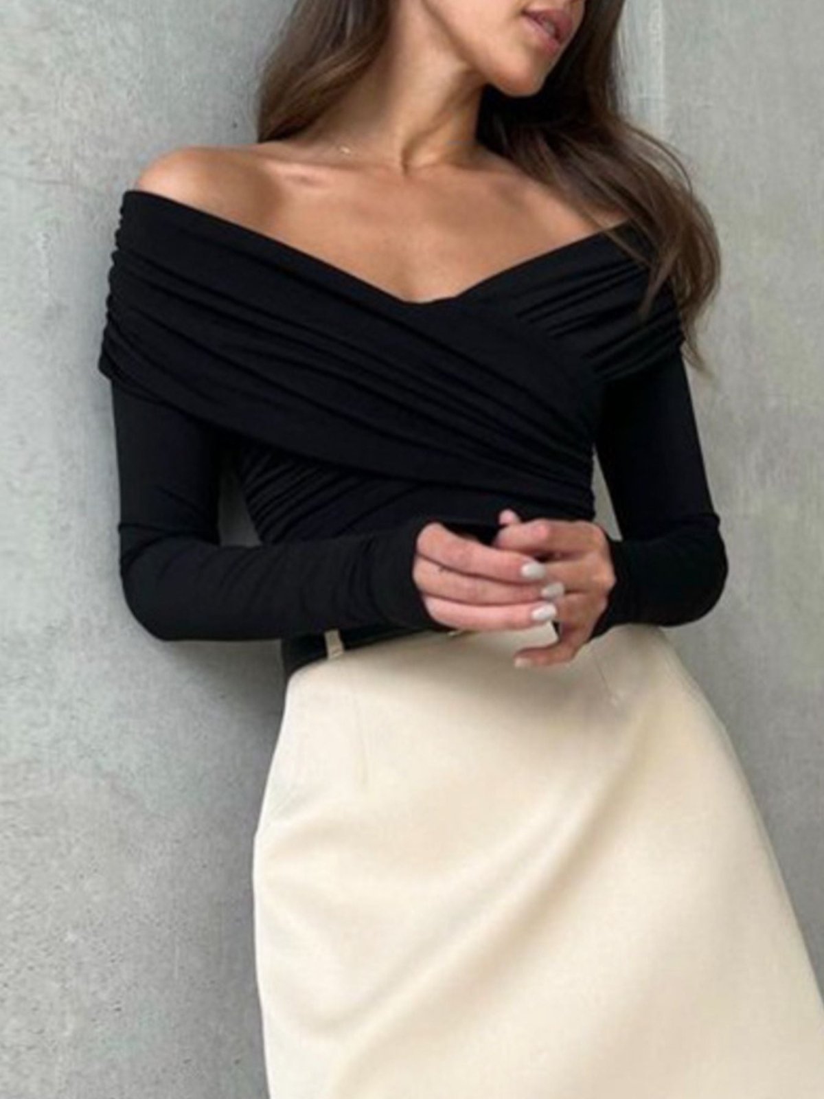 Off - Shoulder Ruched Long Sleeve Bodysuit | CozyFits in Black