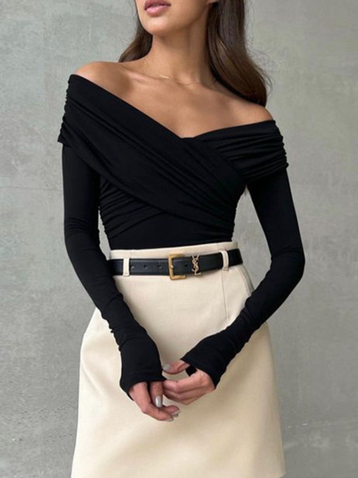 Off - Shoulder Ruched Long Sleeve Bodysuit | CozyFits in Black