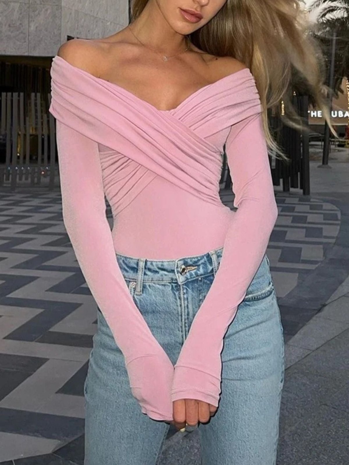 Off - Shoulder Ruched Long Sleeve Bodysuit | CozyFits in Pink