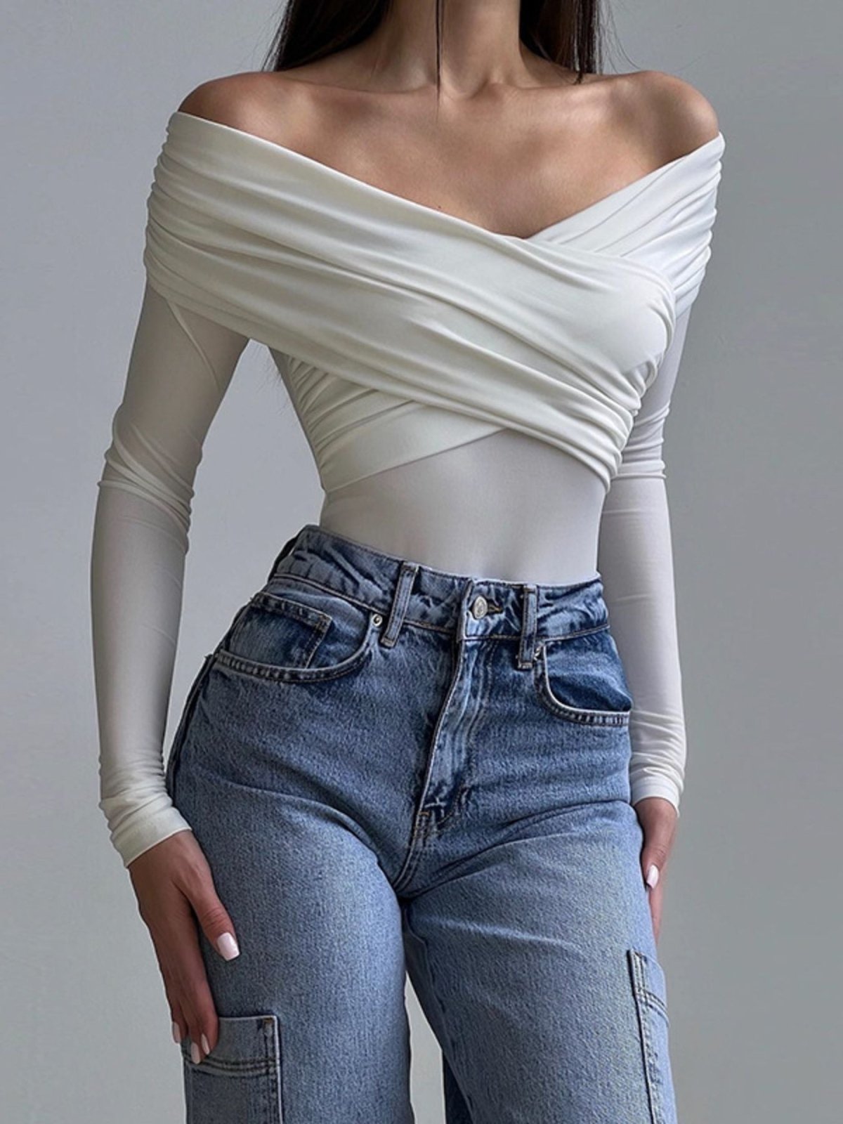 Off - Shoulder Ruched Long Sleeve Bodysuit | CozyFits in White