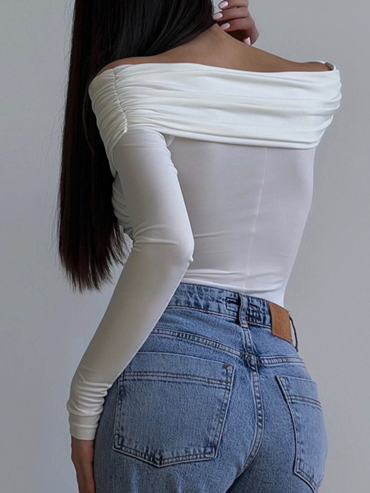 Off - Shoulder Ruched Long Sleeve Bodysuit | CozyFits in White