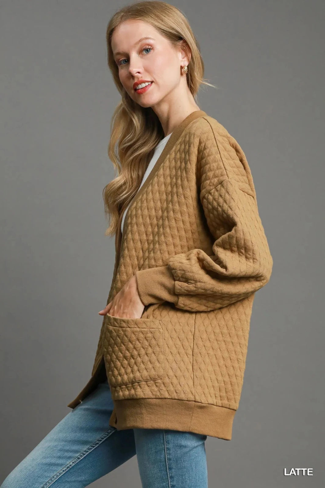 Oversized Jacquard Button-Up Cardigan | CozyFits in Latte