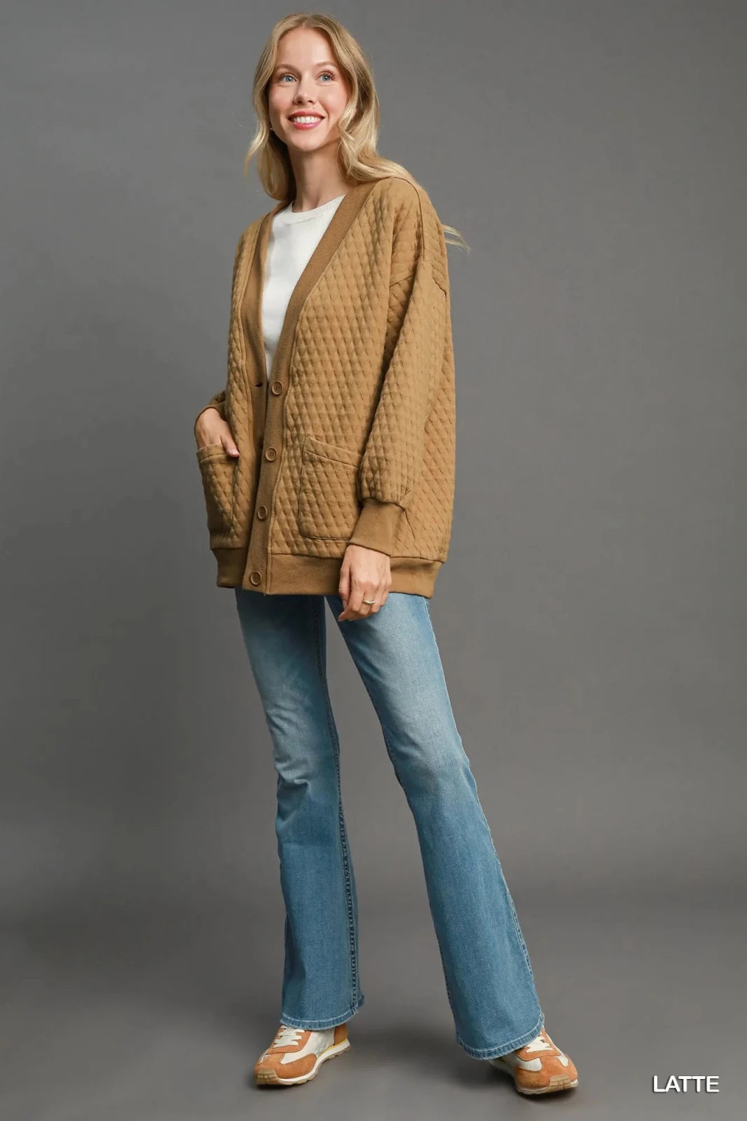 Oversized Jacquard Button-Up Cardigan | CozyFits in Latte