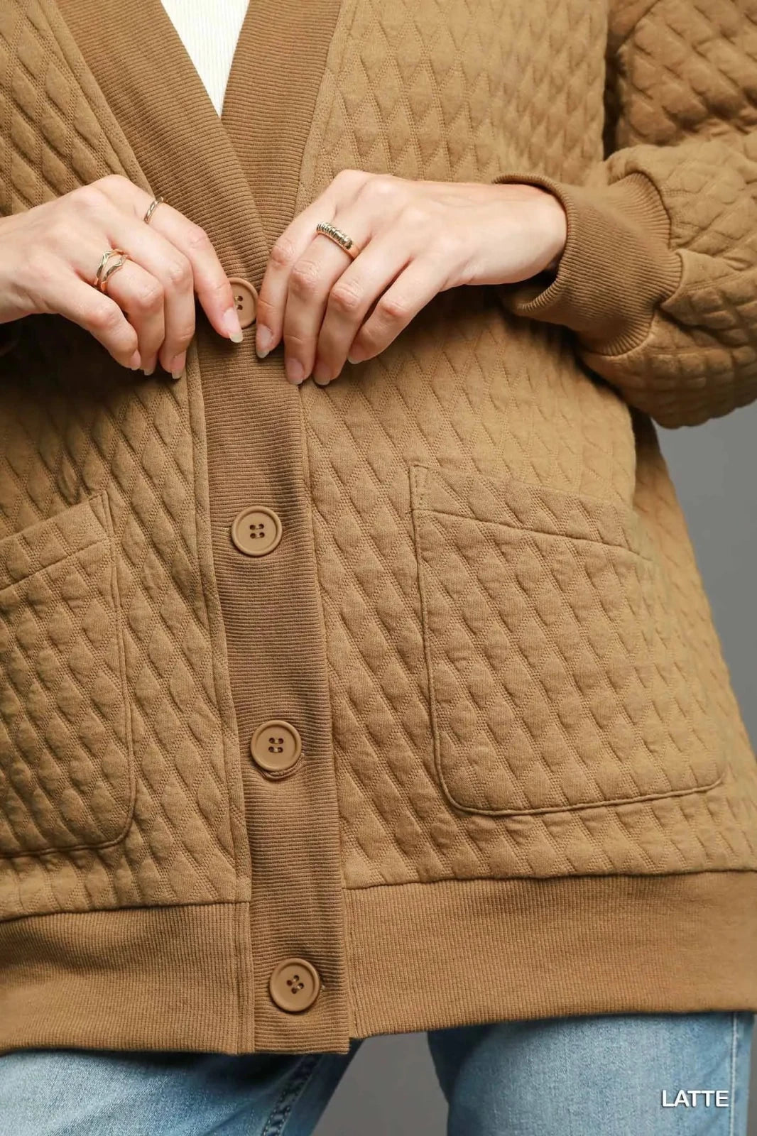 Oversized Jacquard Button-Up Cardigan | CozyFits in Latte