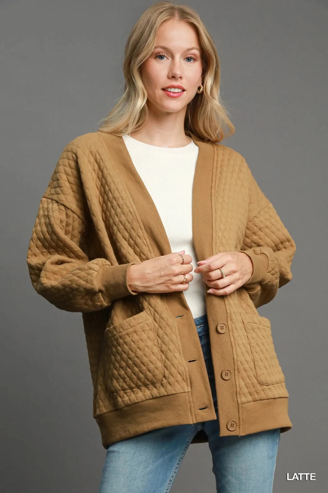 Oversized Jacquard Button-Up Cardigan | CozyFits in Latte