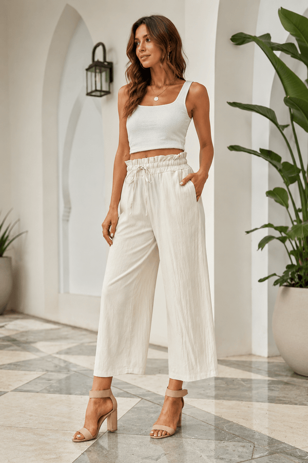 Paperbag Waist Wide Leg Pants in Ivory