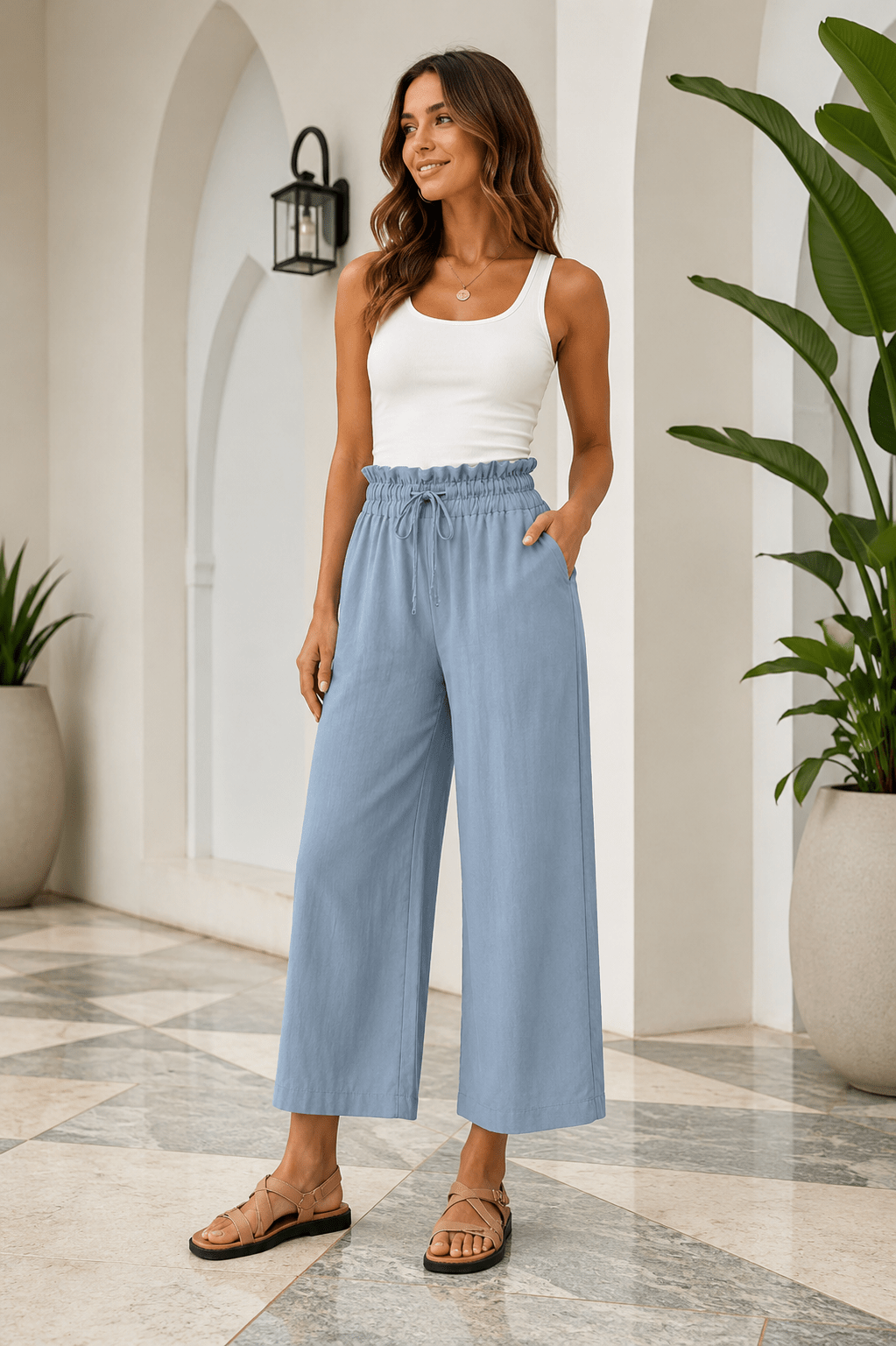 Paperbag Waist Wide Leg Pants in Turquoise