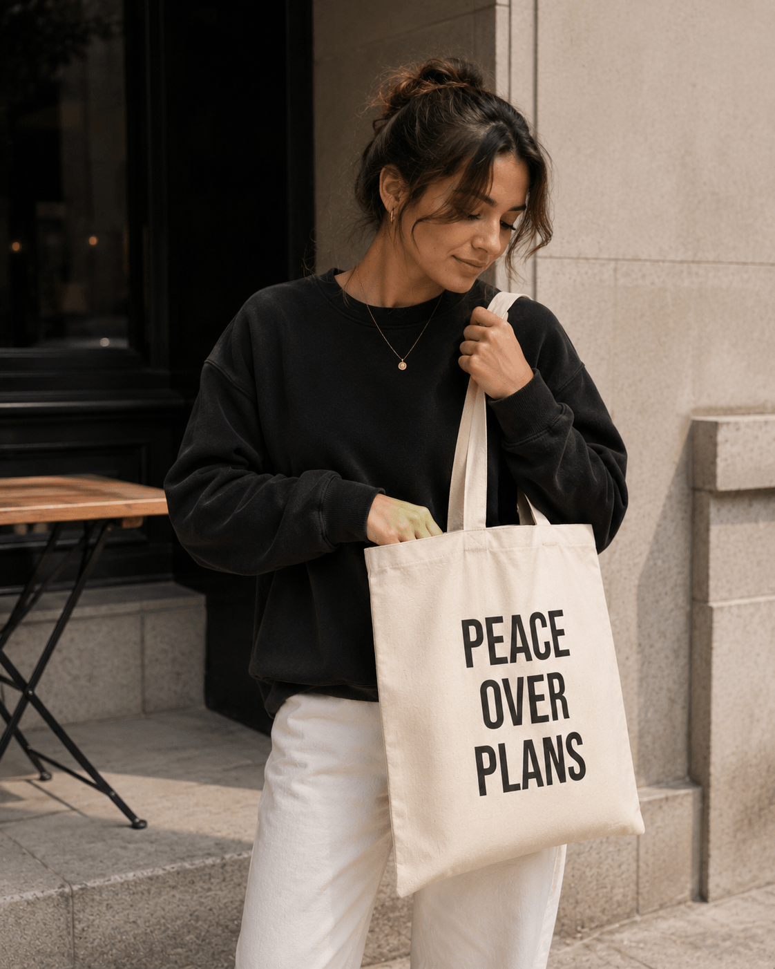 Peace Over Plans Tote Bag | Aesthetic Natural Canvas Tote | Minimalist Graphic Bag for Women in Natural