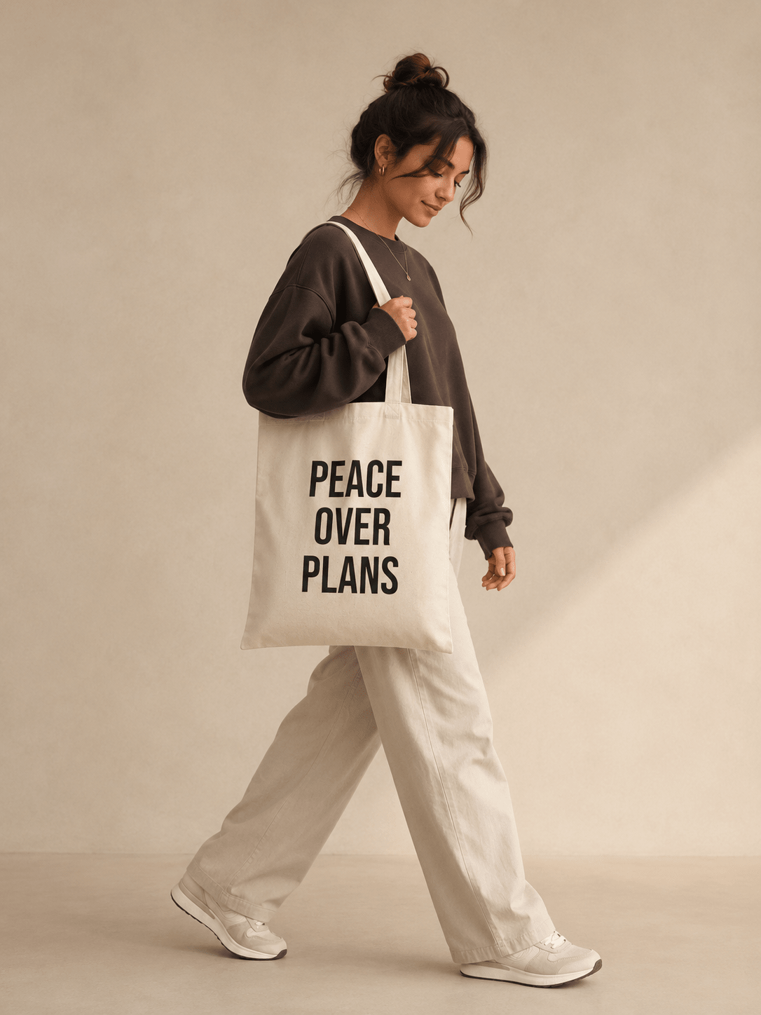 Peace Over Plans Tote Bag | Aesthetic Natural Canvas Tote | Minimalist Graphic Bag for Women in Natural