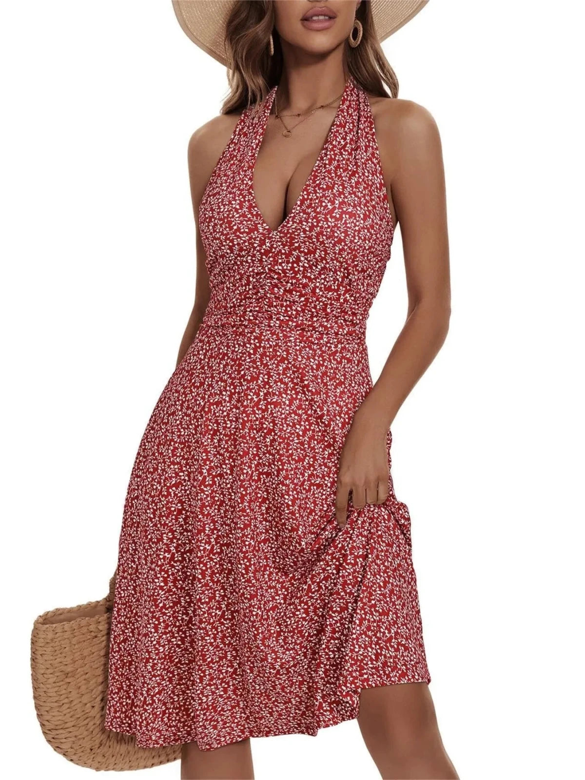 Printed Halter Neck Dress | Floral Summer Mini Dress in Brick Red