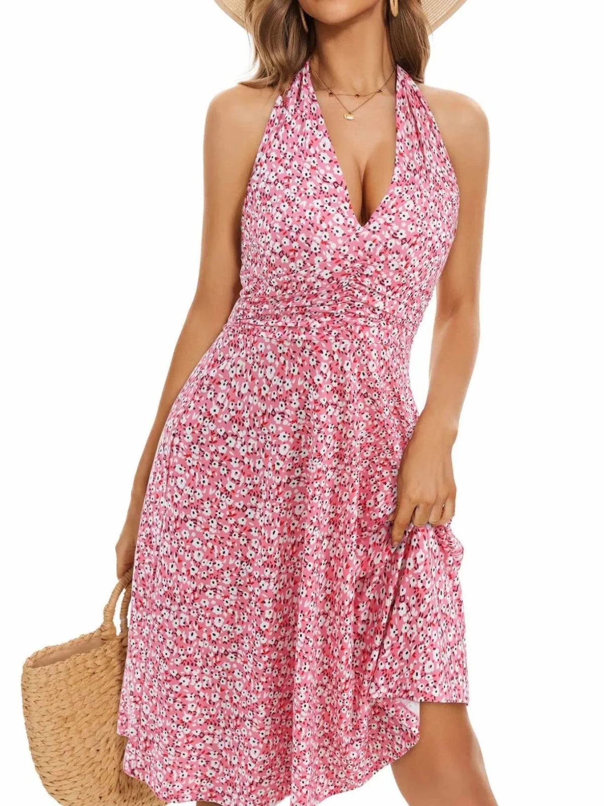 Printed Halter Neck Dress | Floral Summer Mini Dress in Pink