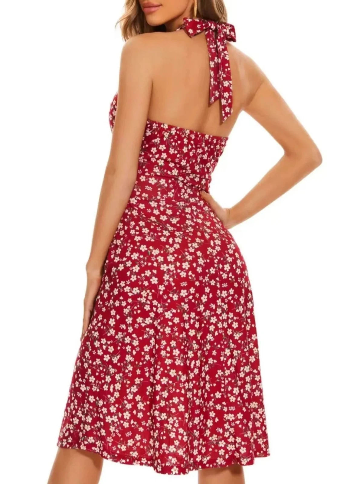 Printed Halter Neck Dress | Floral Summer Mini Dress in Wine Red