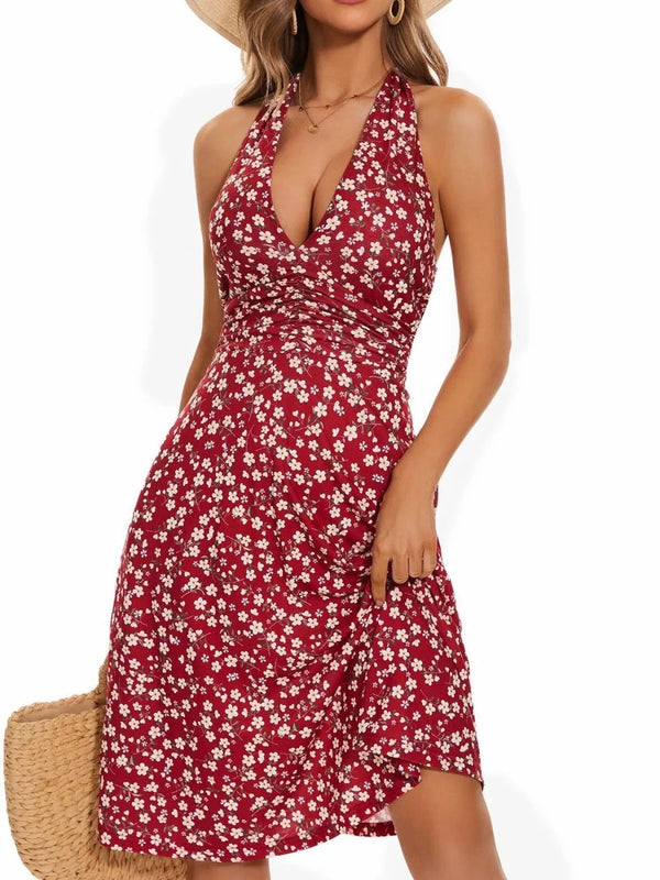 Printed Halter Neck Dress | Floral Summer Mini Dress in Wine Red