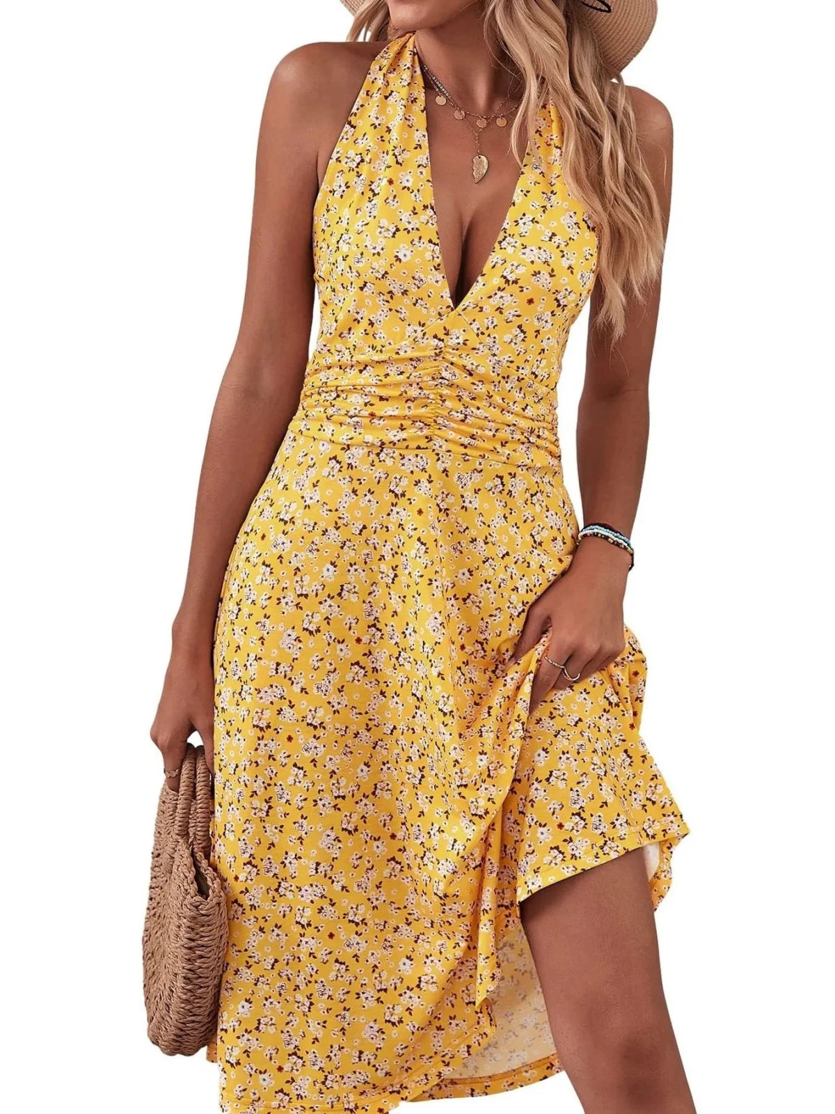Printed Halter Neck Dress | Floral Summer Mini Dress in Yellow
