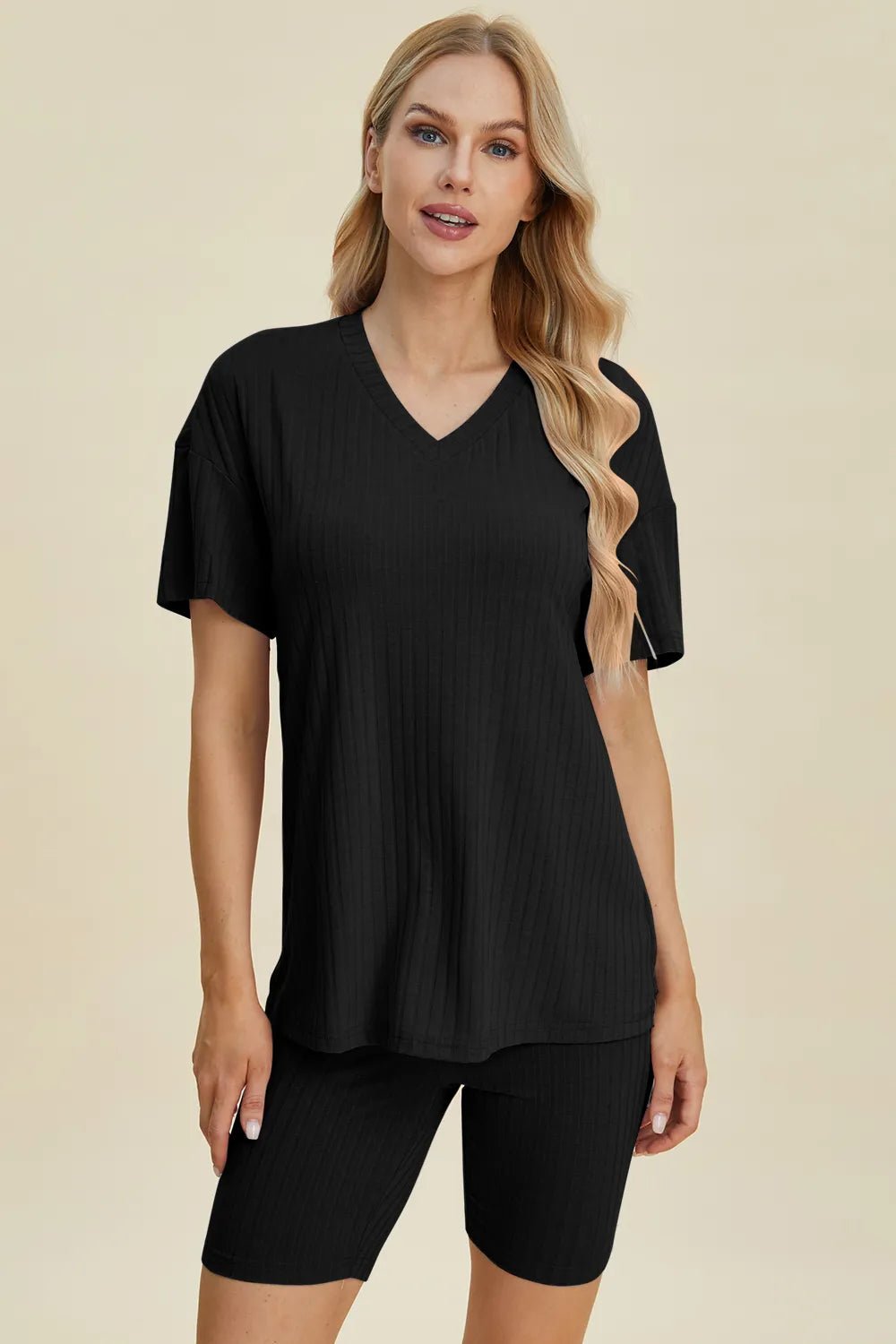 Ribbed Lounge Shorts Set in Black