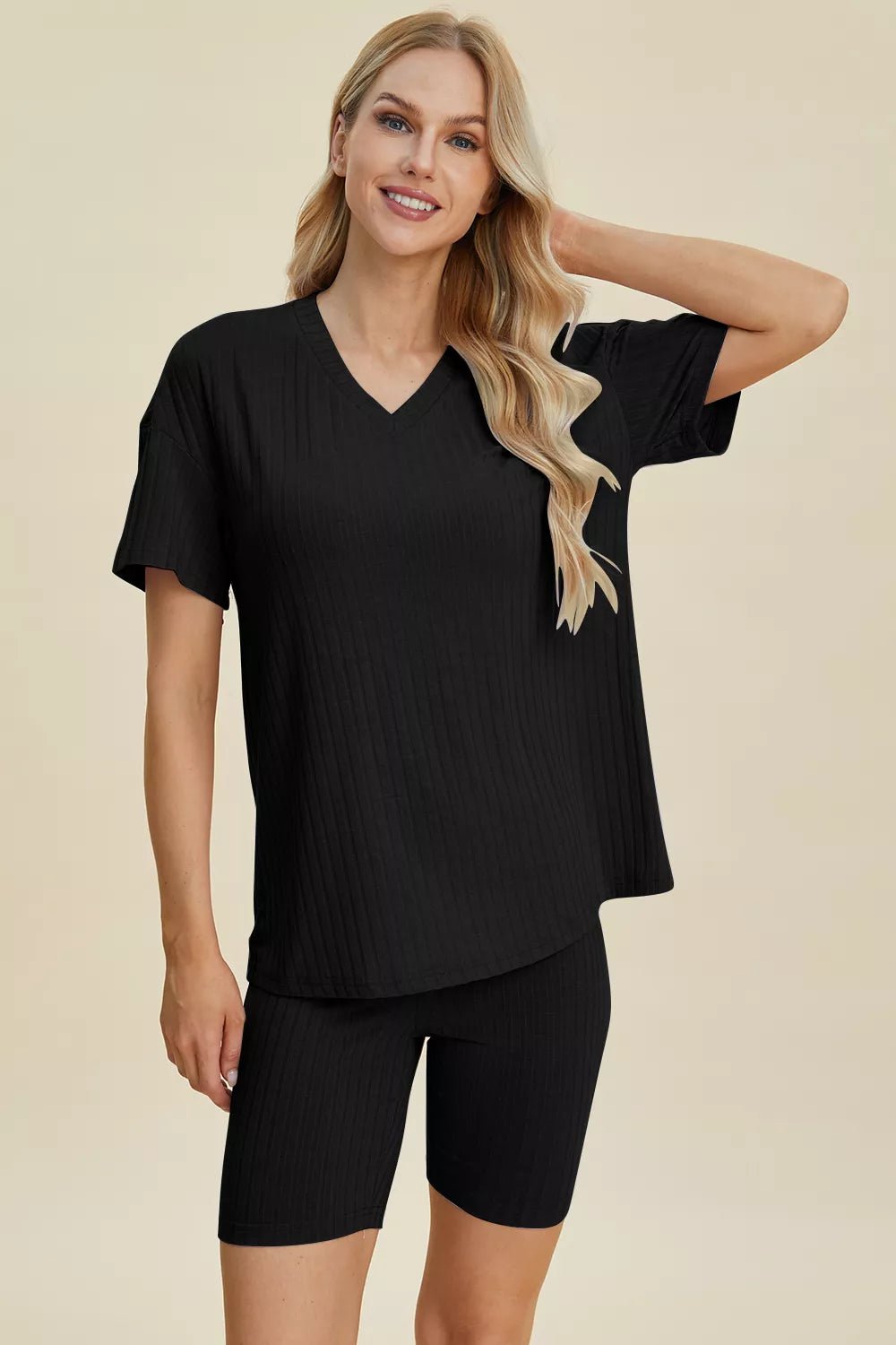 Ribbed Lounge Shorts Set in Black