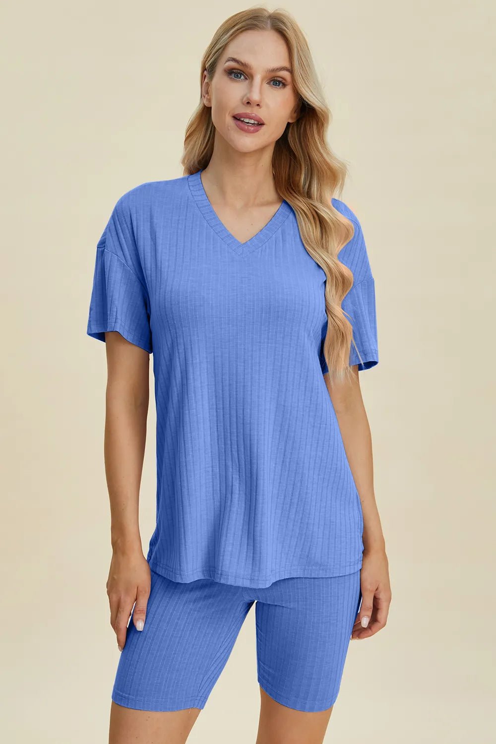 Ribbed Lounge Shorts Set in Blue