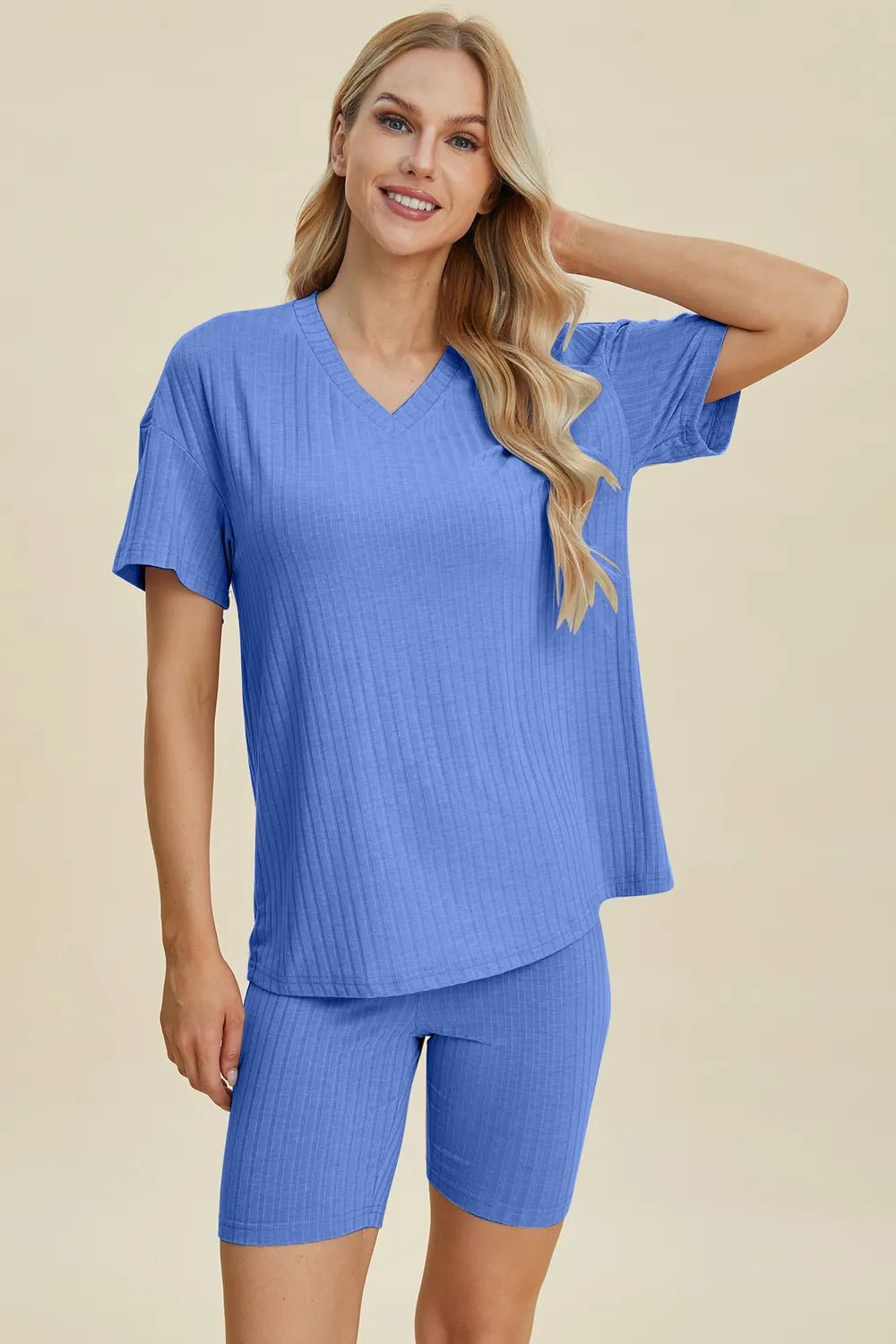 Ribbed Lounge Shorts Set in Blue