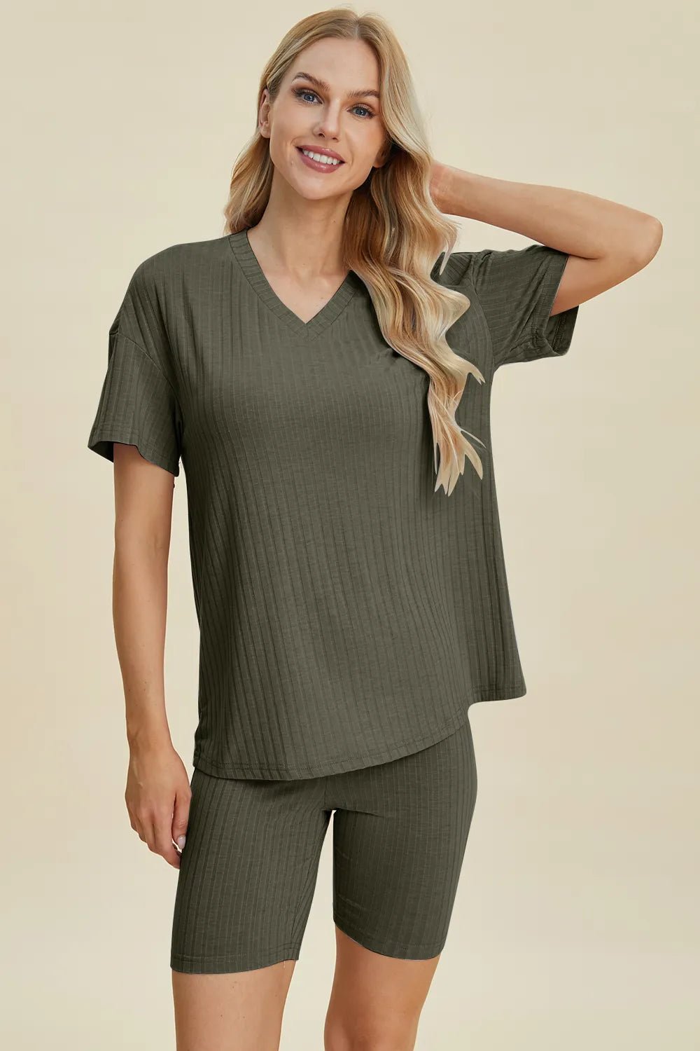 Ribbed Lounge Shorts Set in Dark Green