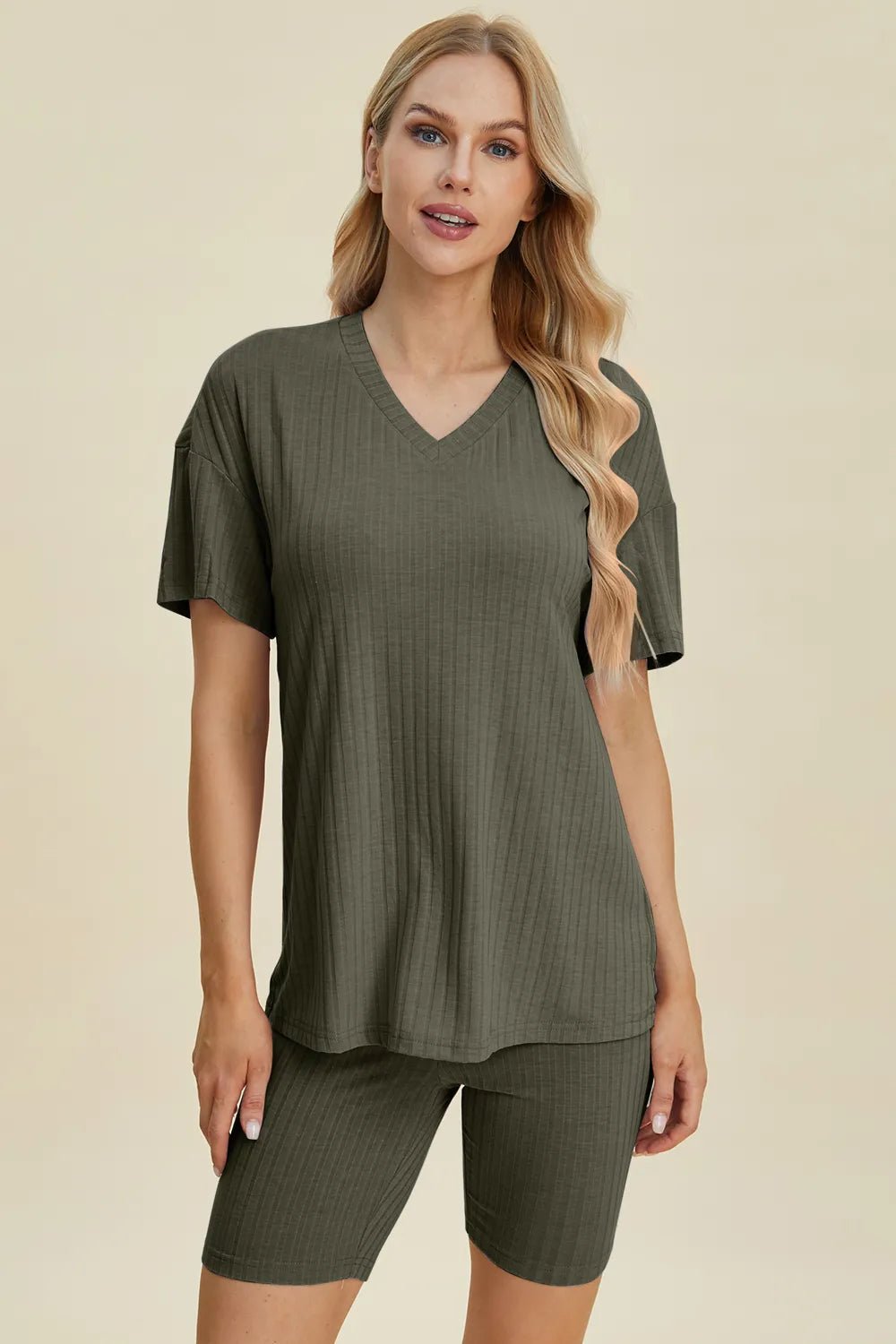 Ribbed Lounge Shorts Set in Dark Green