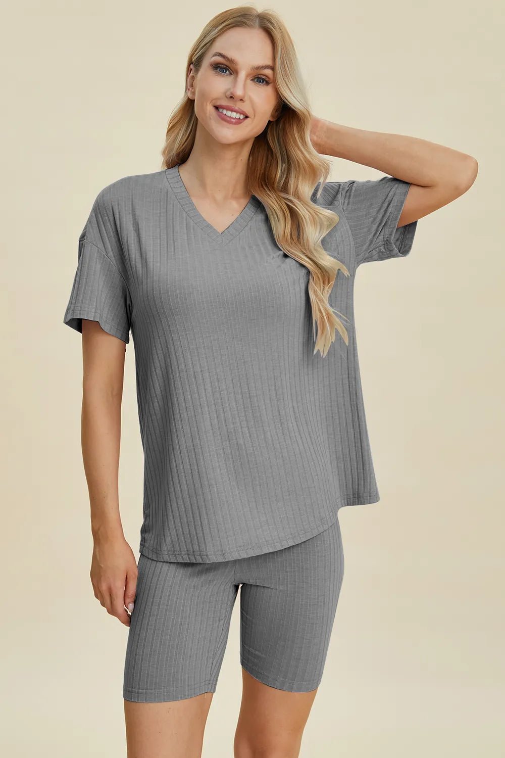 Ribbed Lounge Shorts Set in Gray