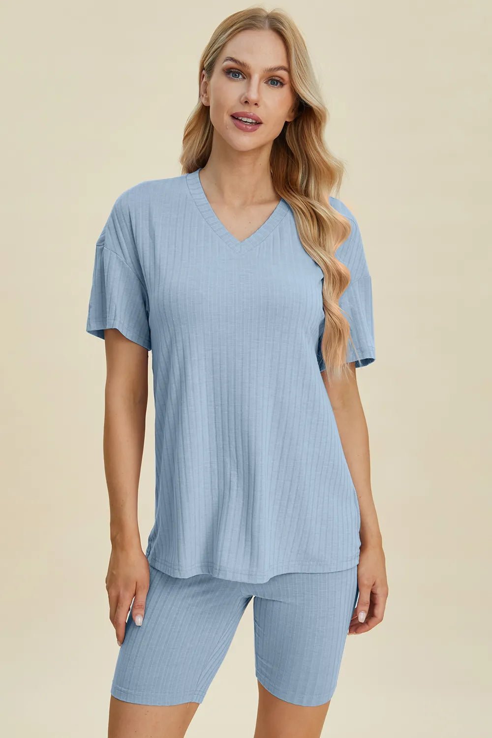 Ribbed Lounge Shorts Set in Light Blue