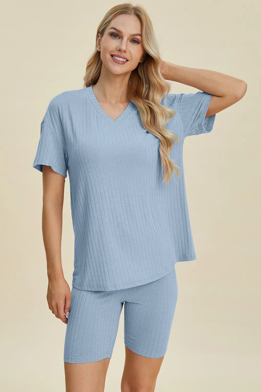 Ribbed Lounge Shorts Set in Light Blue