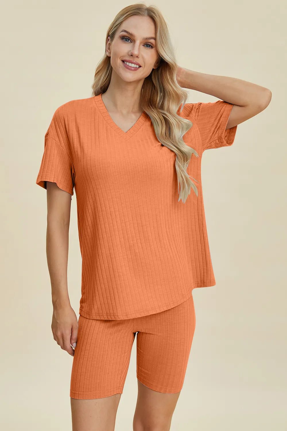 Ribbed Lounge Shorts Set in Orange