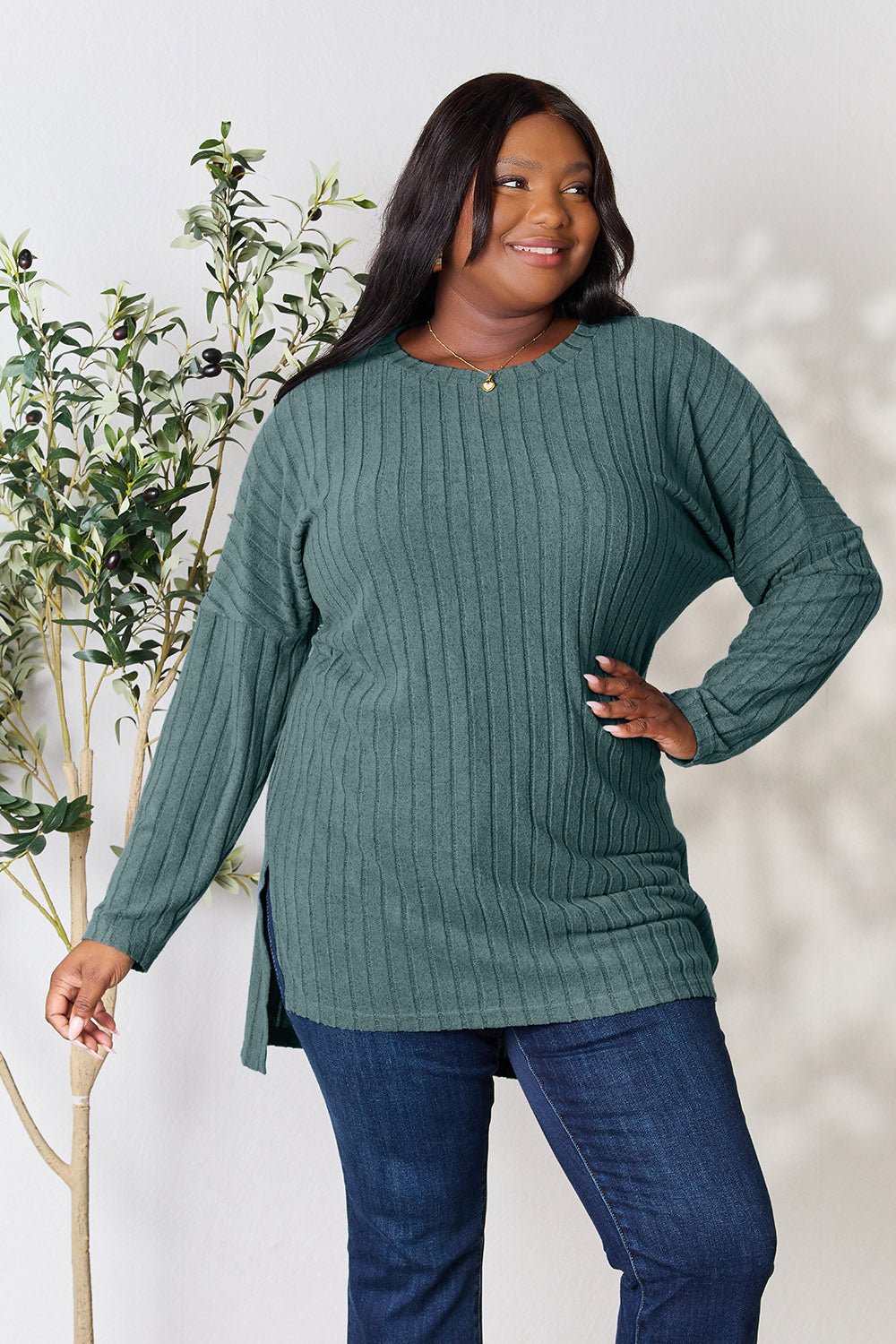 Ribbed Round Neck Long Sleeve Slit Top in Light Green