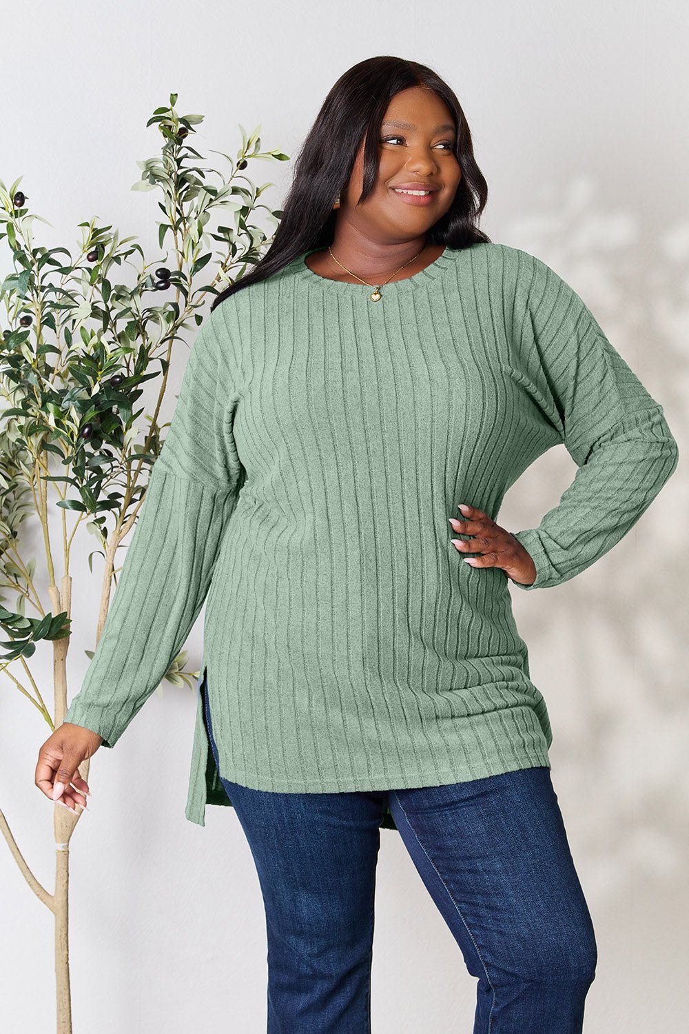 Ribbed Round Neck Long Sleeve Slit Top in Light Green
