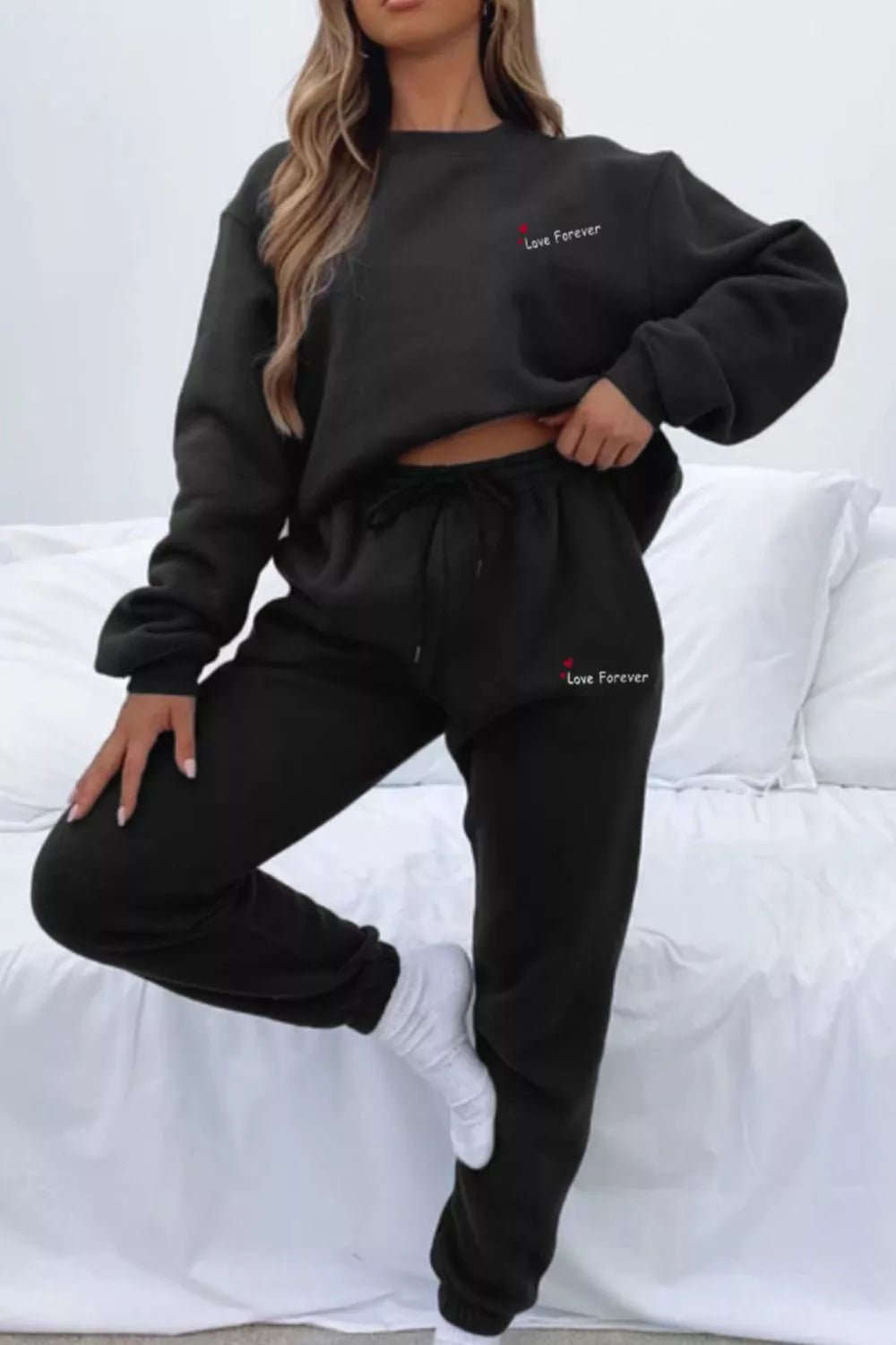 Round Neck Sweatshirt and Joggers Set in Brown