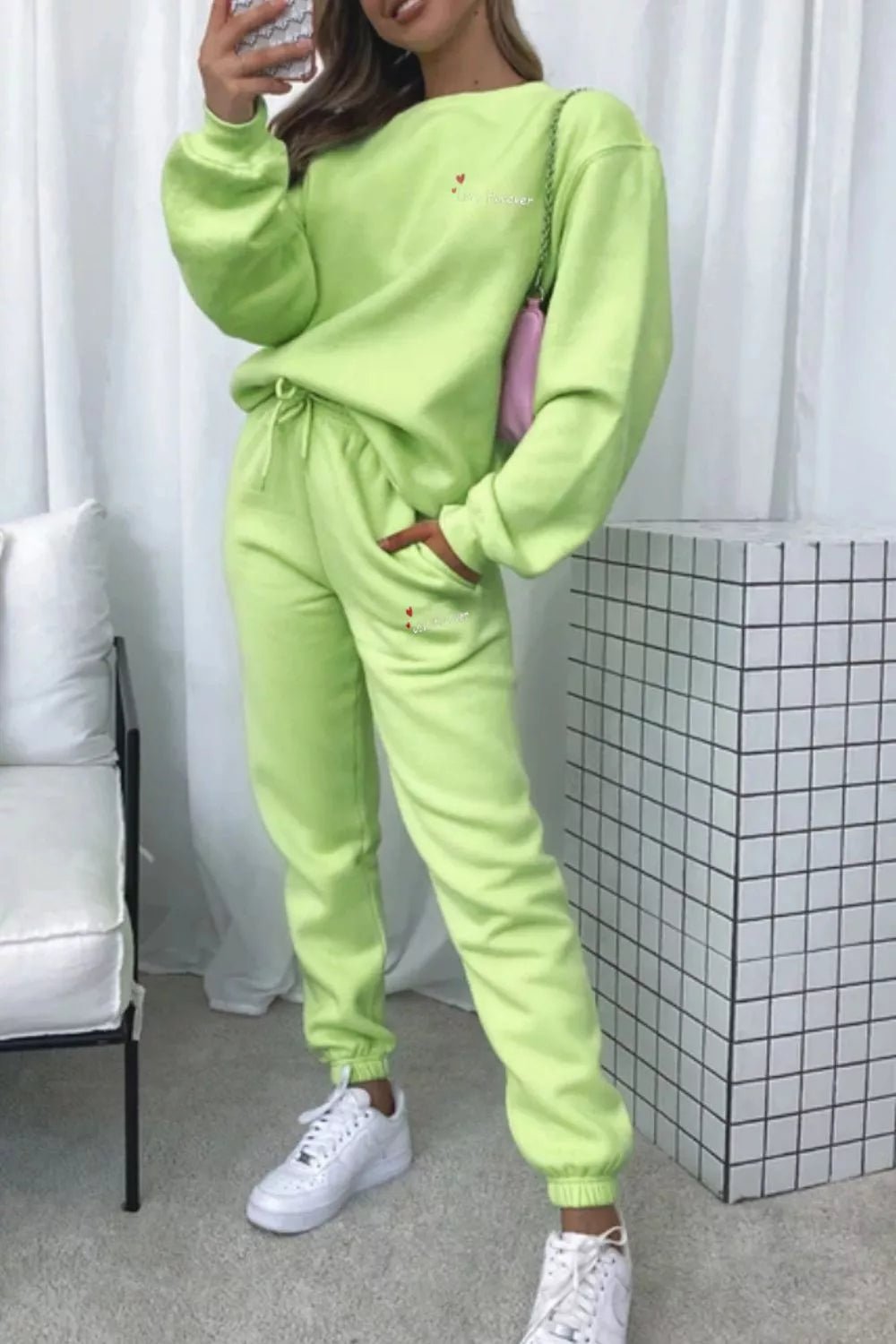 Round Neck Sweatshirt and Joggers Set in Fluorescent Green