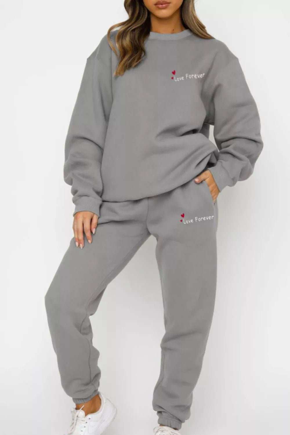 Round Neck Sweatshirt and Joggers Set in Gray