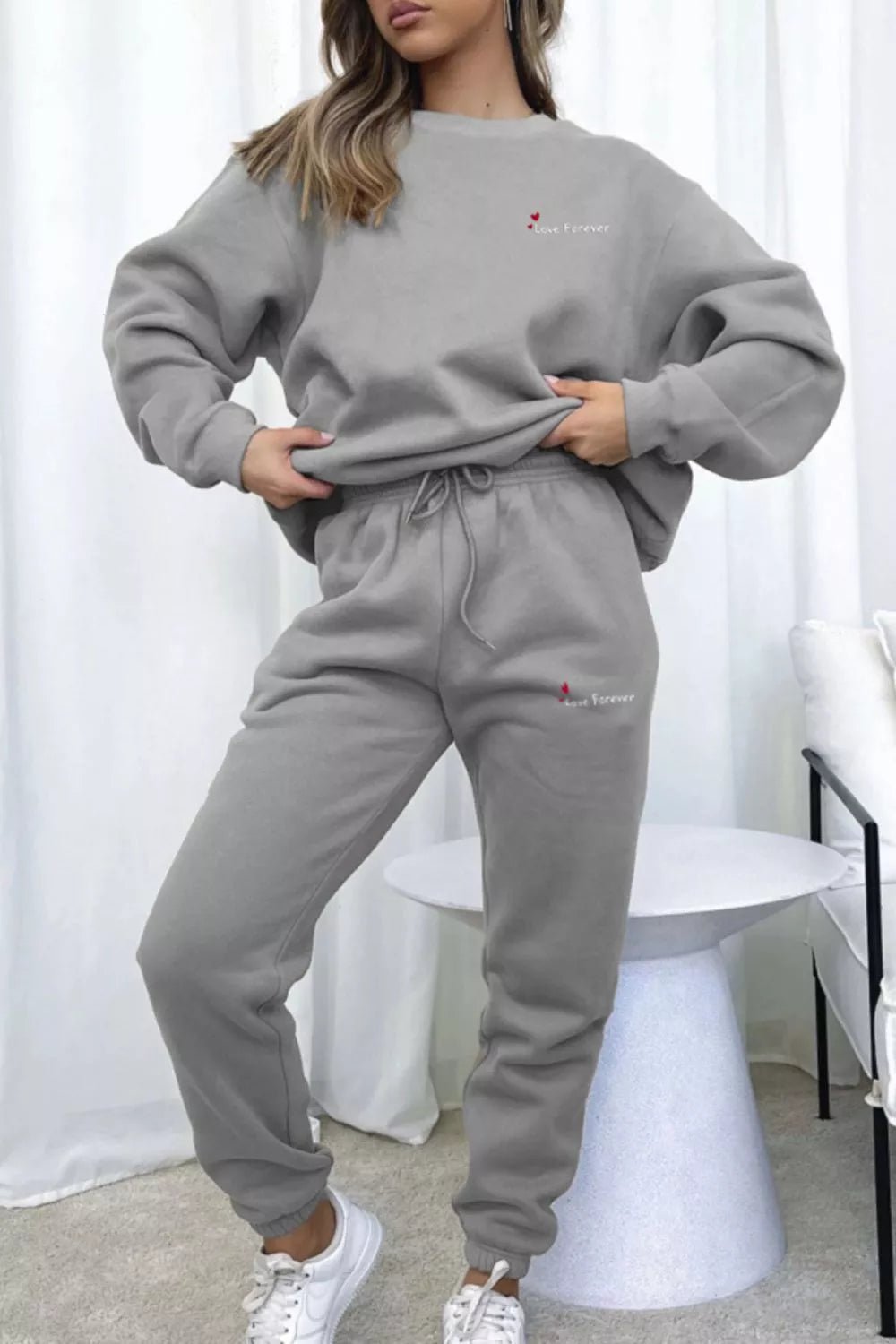 Round Neck Sweatshirt and Joggers Set in Gray