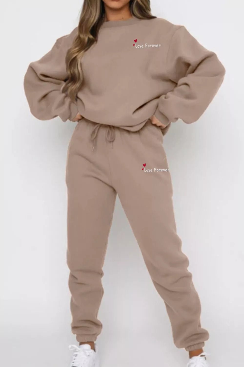 Round Neck Sweatshirt and Joggers Set in Khaki