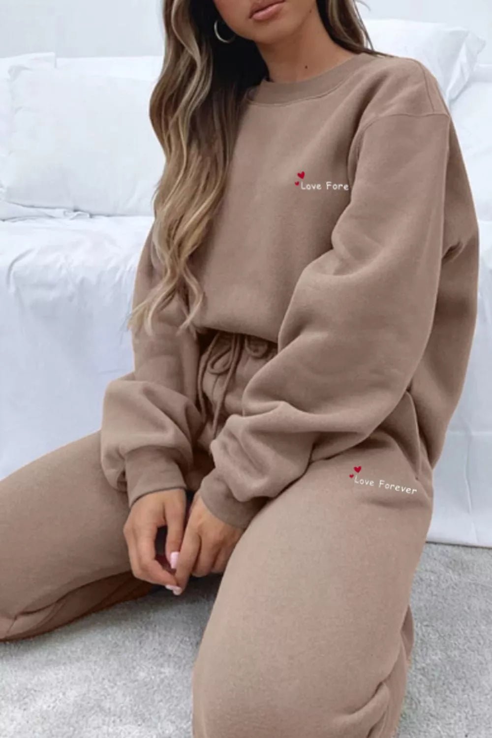 Round Neck Sweatshirt and Joggers Set in Khaki