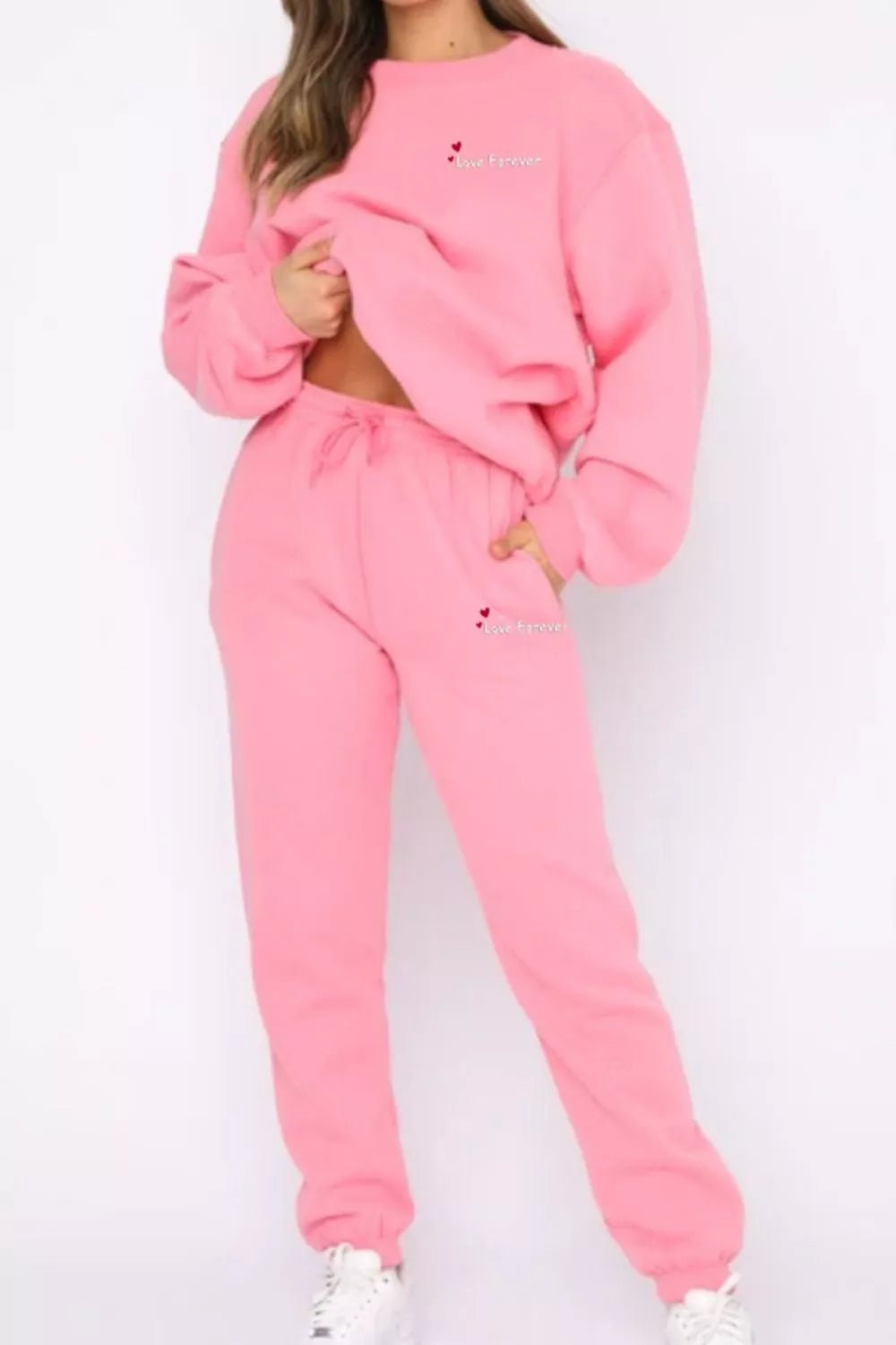 Round Neck Sweatshirt and Joggers Set in Pink
