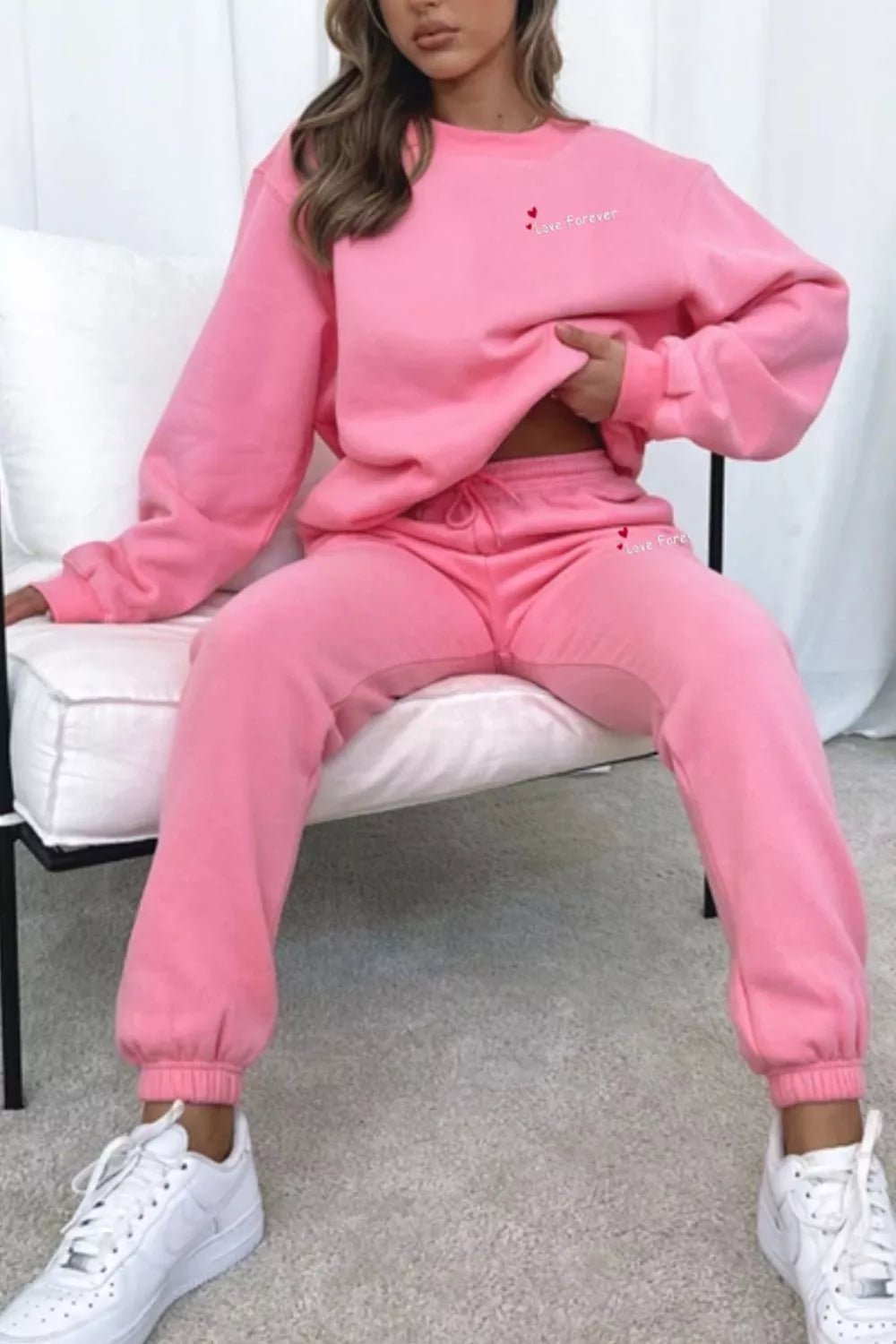 Round Neck Sweatshirt and Joggers Set in Pink