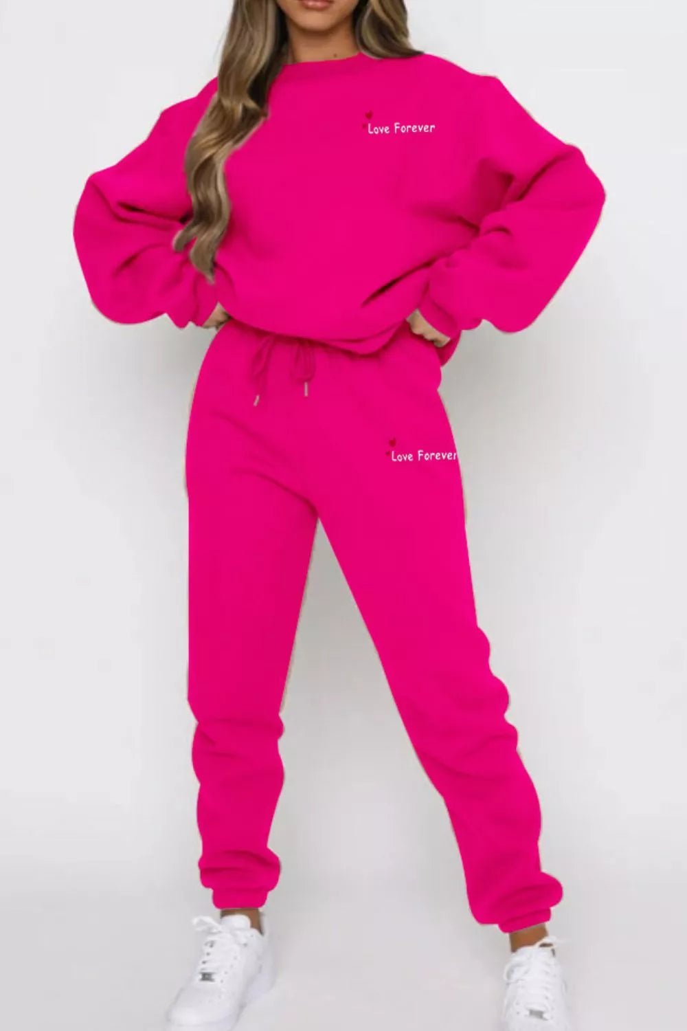 Round Neck Sweatshirt and Joggers Set in Rose Red