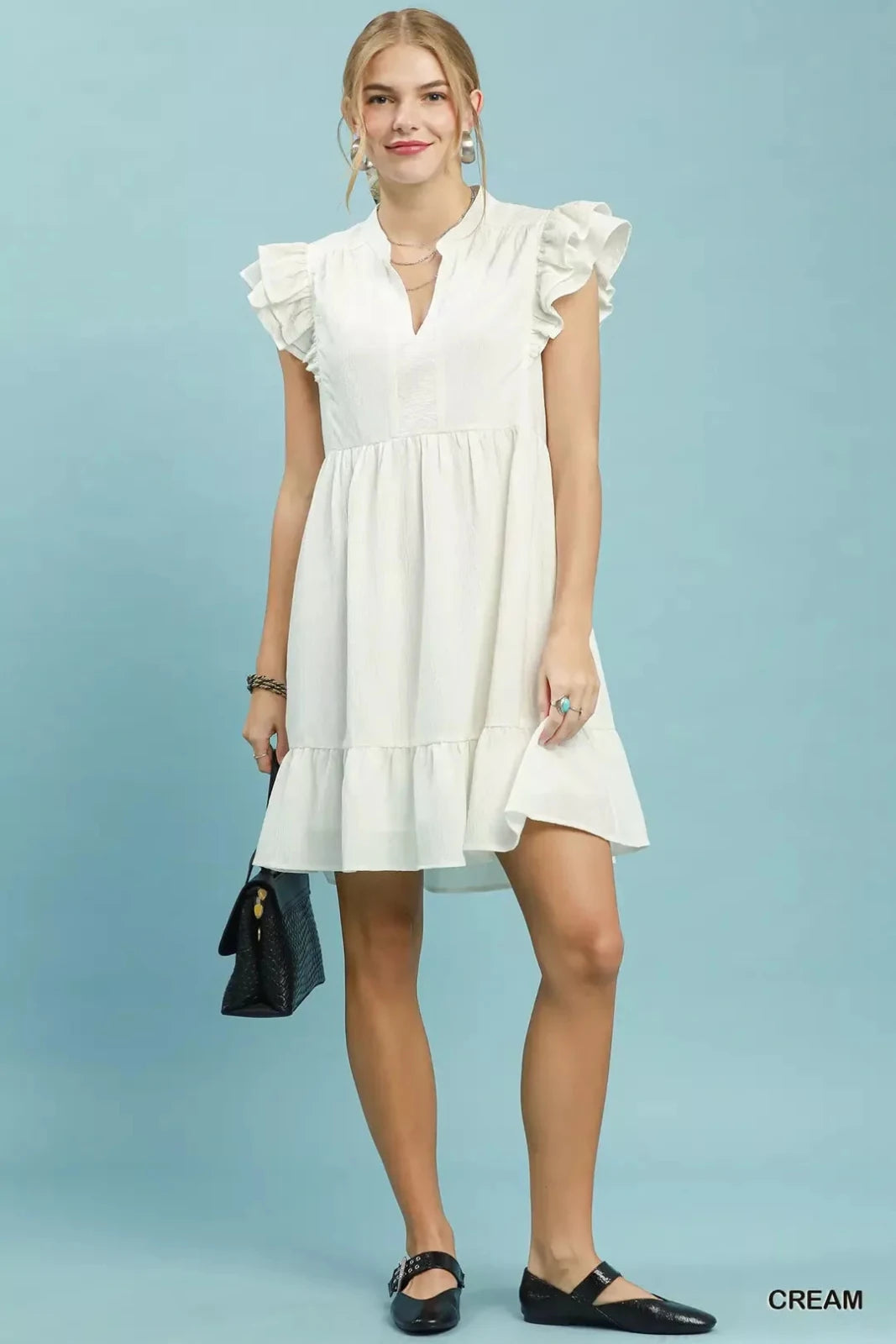 Ruffle Sleeve Babydoll Dress – Flowy V-Neck Mini Dress for Women in CREAM