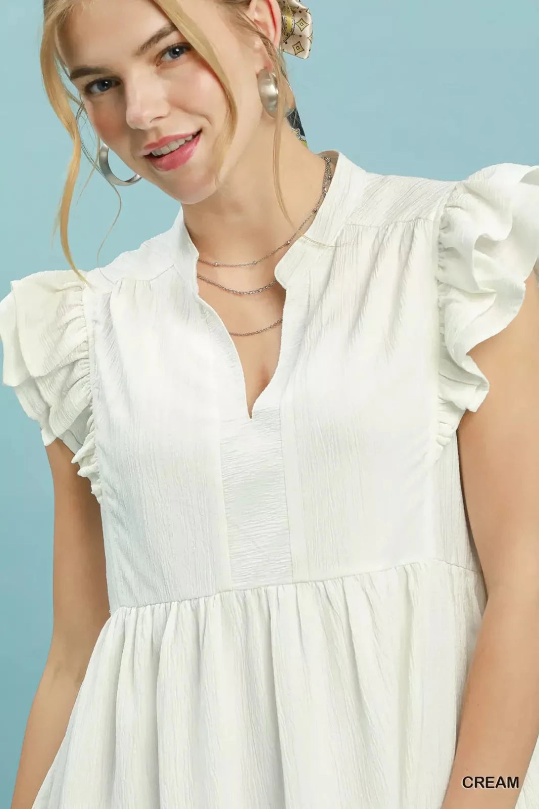 Ruffle Sleeve Babydoll Dress – Flowy V-Neck Mini Dress for Women in CREAM