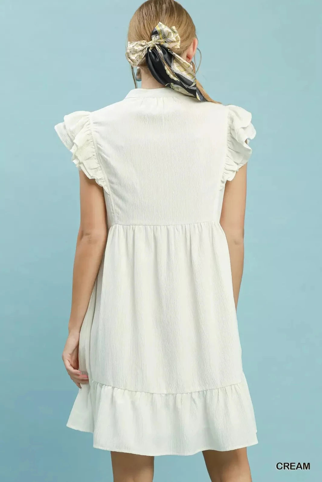 Ruffle Sleeve Babydoll Dress – Flowy V-Neck Mini Dress for Women in CREAM